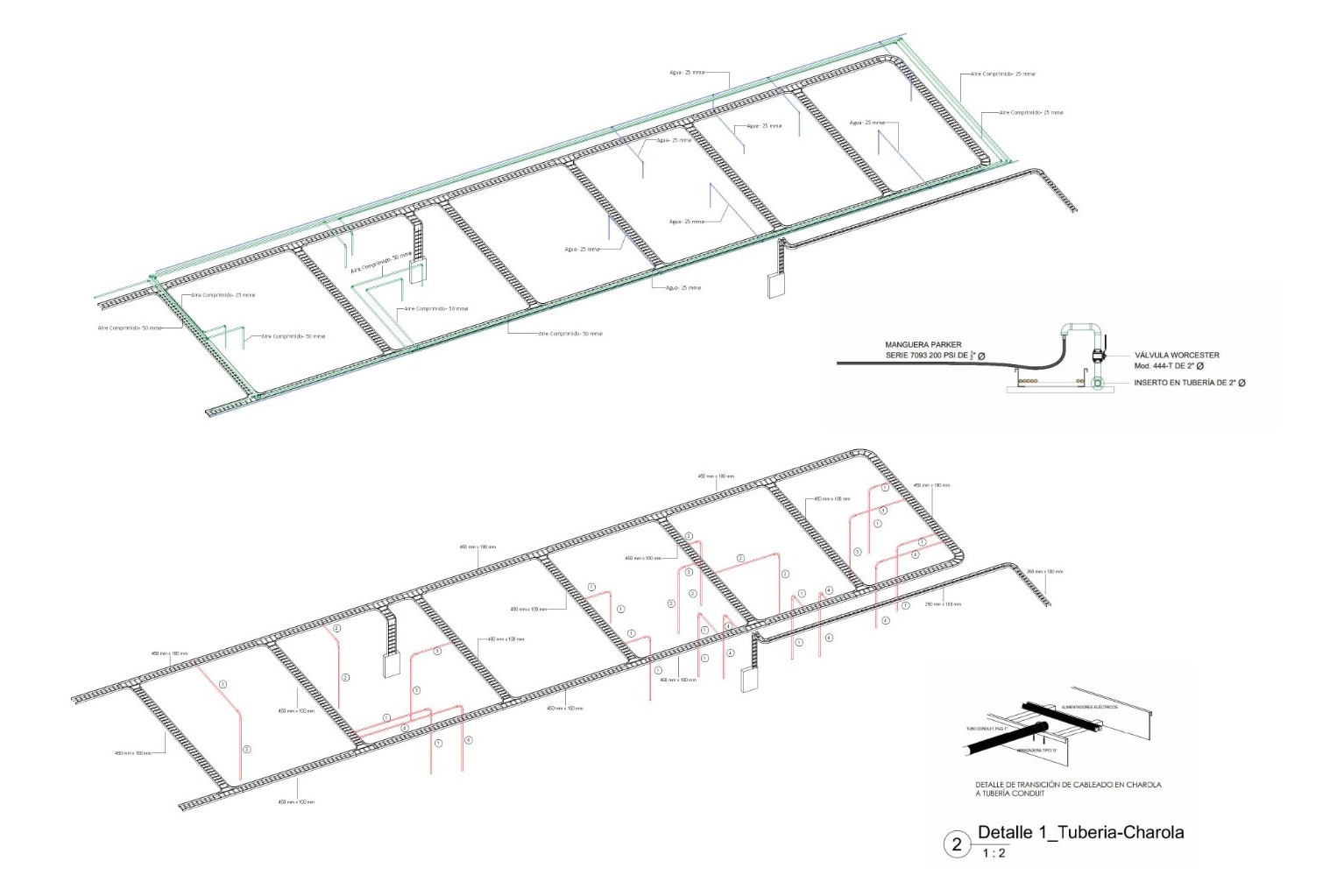 Dibujo isométrico de ingeniería de la trayectoria de charolas